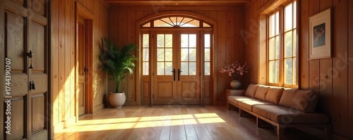 Warm & Inviting Wooden Foyer with Natural Light  Perfect for Home Decor & Interior Design Inspiration.  Rich Wood Tones, Contemporary Style, Architectural Details.