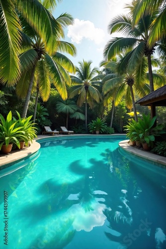 Vibrant Turquoise Pool in Lush Tropical Paradise Relaxing Vacation Scene