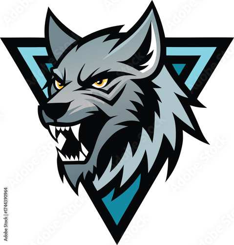 Fierce wolf head emblem with geometric triangle background