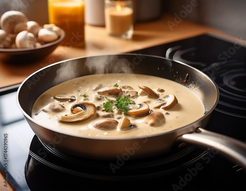 creamy mushroom sauce simmering in a skillet over low heat in a modern kitchen