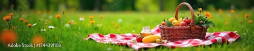 Romantic Spring Picnic on Lush Green Grass Checkered Blanket, Wildflowers, Delicious Food