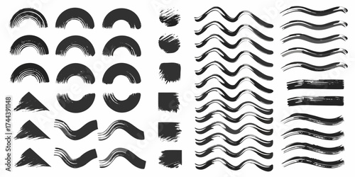 Collection of hand drawn black brush stroke elements including arcs waves squares and triangles