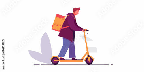 A delivery person with a backpack rides an electric scooter for fast urban transportation and service