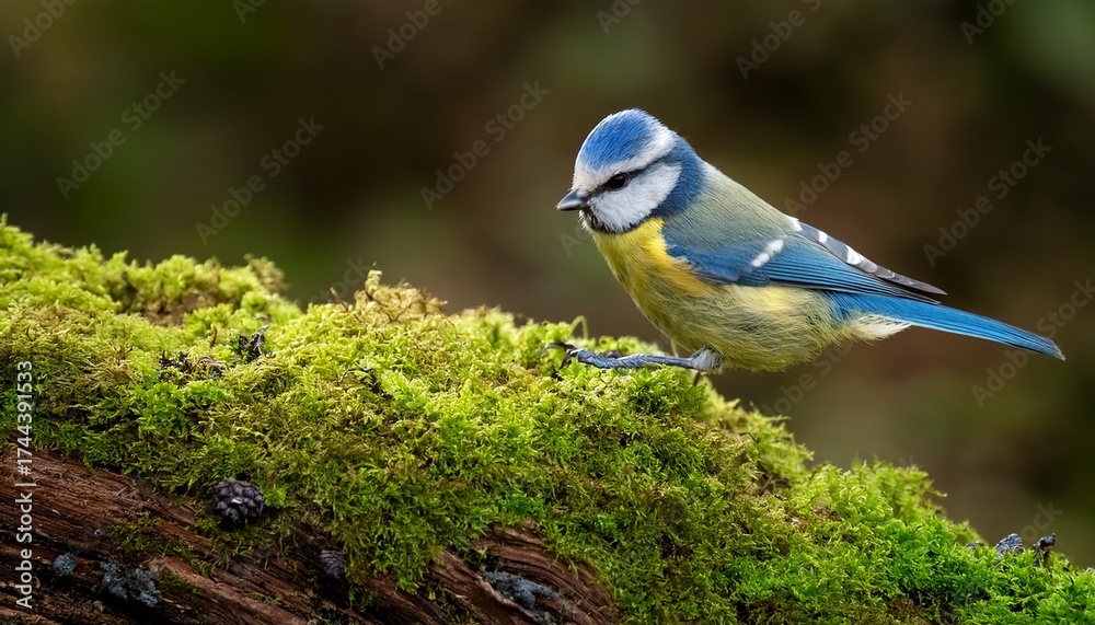 Obraz premium a beautiful blue tit cyanistes caeruleus perched on a mossy log in forest farm nature reserve cardiff south wales uk