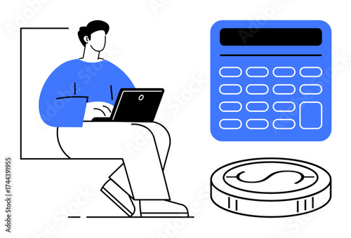 Individual working on laptop beside calculator and coin, representing financial management. Ideal for budgeting, finance apps, money-saving tips, investments, accounting, education, simple flat