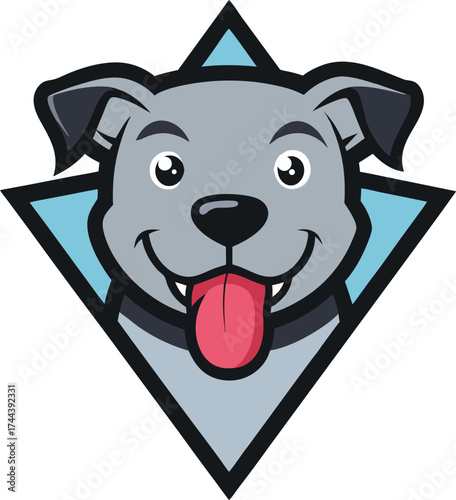 Happy cartoon pitbull dog face emblem with tongue out