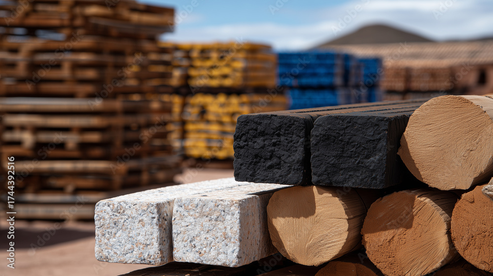 Close-up of various raw building materials including bricks, timber, and metal rods stacked outdoors, sunny day emphasizing textures