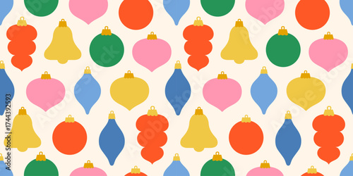 Seamless Christmas pattern with festive ornaments in different shapes. Holiday xmas background for wrapping paper, textile, greeting cards, and seasonal winter designs. Red,green,gold repeated bauble.