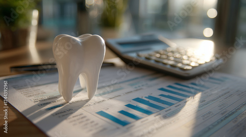 Tooth model atop invoices and budget sheets, sunlight reflecting off desk surface, emphasizing organized dental business workflow © Maksym