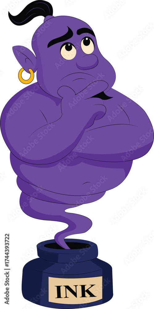 Fototapeta premium “Funny Thinking Ink Pot Genie Cartoon Vector Illustration”
