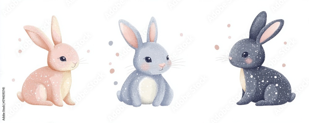 Fototapeta premium Adorable pastel-colored bunny illustrations with whimsical details on a white background