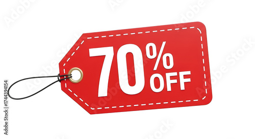 Red tag with seventy percent off isolated on transparent background