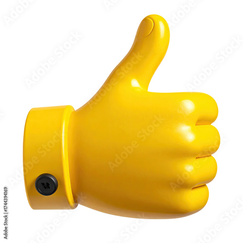A digitally rendered yellow thumbs-up gesture with a black button on its cuff