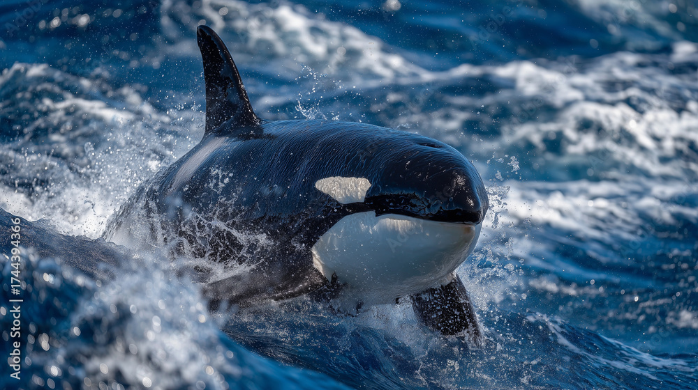 Obraz premium Killer whale approaching with mouth slightly open, splashing water creating dynamic motion, clear sunlight on wet skin