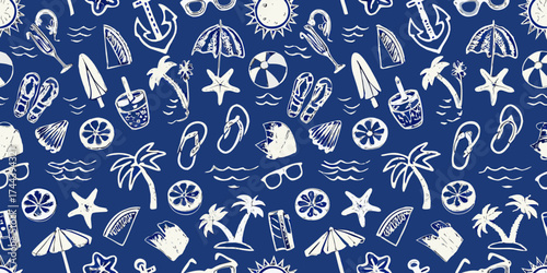Seamless pattern of hand drawn white summer vacation icons on a dark blue background