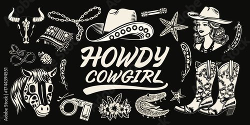 Howdy cowgirl collection of western icons and text in black and white
