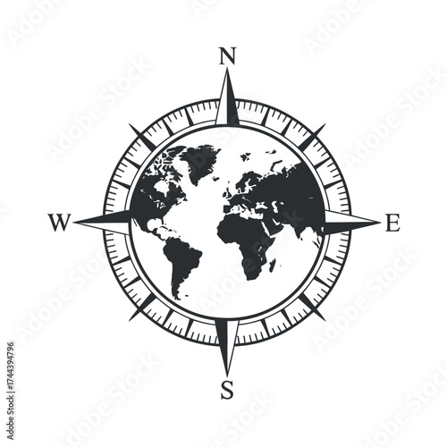 World Map Compass Rose Global Travel Navigation Adventure Tourism Vector Design