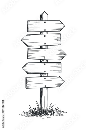 Wood Signpost Outline Sketch Illustration of Direction Arrows