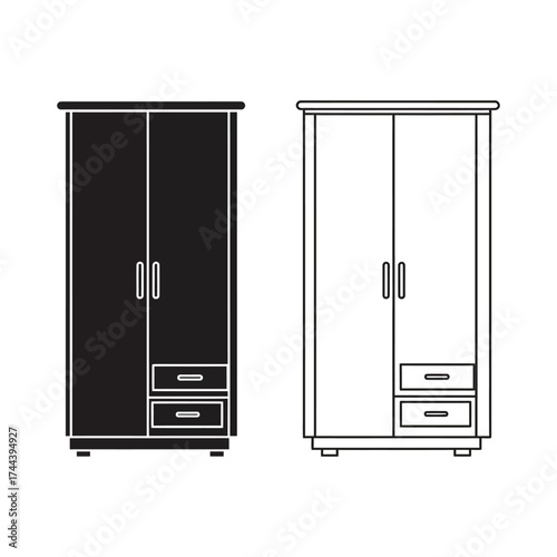 Wardrobe illustration in black and white furniture closet storage cabinet bedroom home interior design