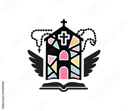 All Saints Day Church Vector Icon – Christian Cross, Bible, Rosary, and Wing Design