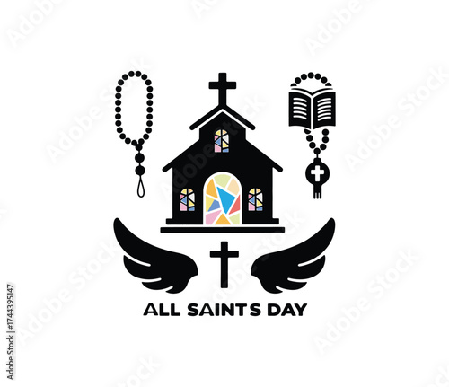 All Saints Day Church Vector Icon – Christian Cross, Wings, and Rosary Design