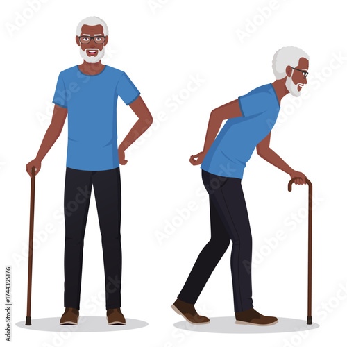 Elderly Black Man Character Walking With A Cane Vector Illustration