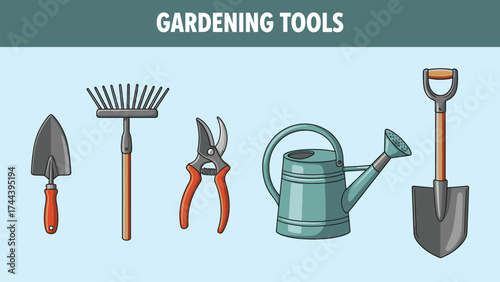 Illustration of various implements for yard maintenance work bundle design