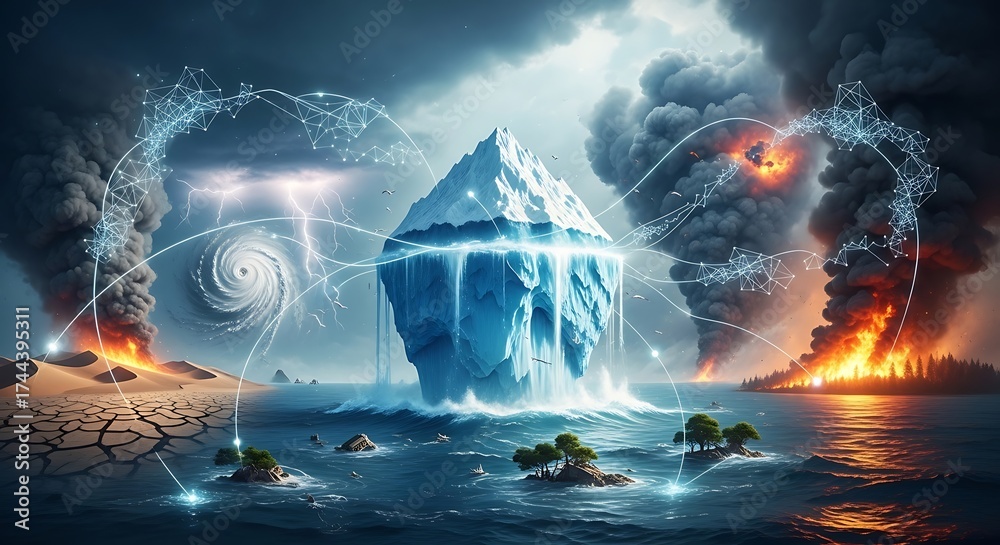 Fototapeta premium Climate Change Catastrophe - Iceberg Amidst Fire and Tornadoes.