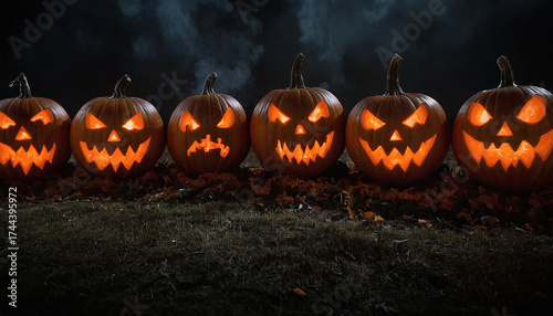 Fila di sei Jack-o'-lantern spaventose e illuminate con fumo in una notte di Halloween.