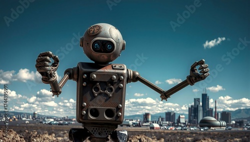 Rustic Robot with Urban Skyline.