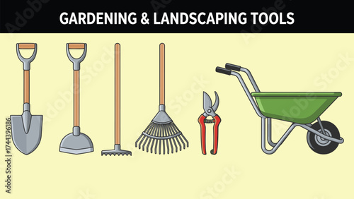 Illustration of various yardwork and planting implements bundle design