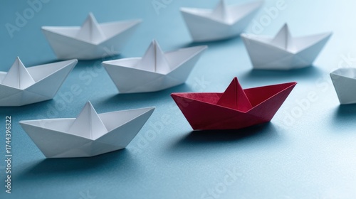 Wallpaper Mural Red Paper Boat Leading White Fleet: Symbol of Leadership and Individuality Among Conformity Torontodigital.ca