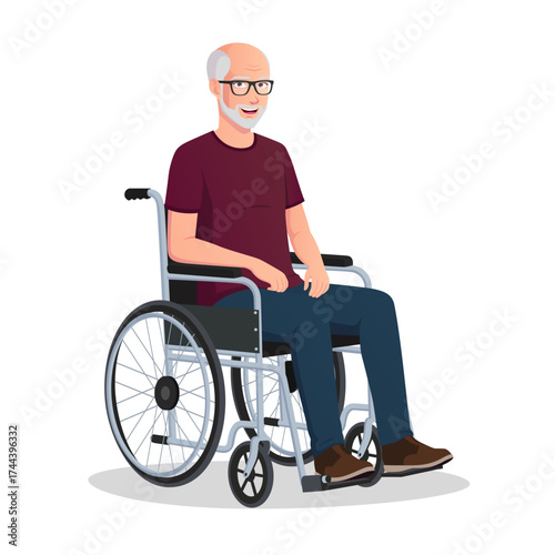 Elderly Man with Grey Hair Sitting On a Wheelchair Vector Illustration