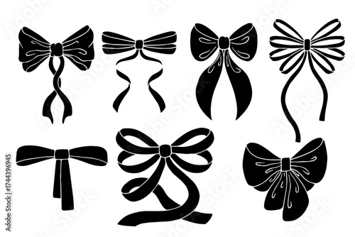 A collection of stamps and silhouettes of festive bows. Vector graphics.