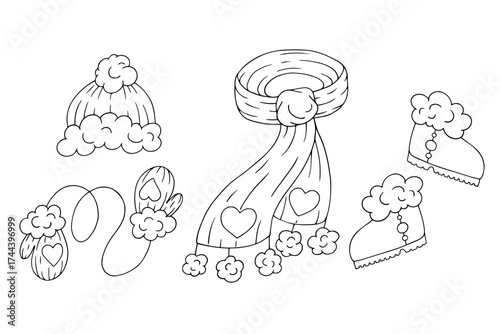 A set of linear sketches of winter clothing and accessories. Vector graphics.