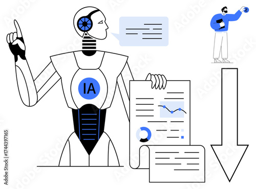 Robot with IA emblem processing charts and reports, pointing to ideas. Person holding globe. Ideal for AI, data analysis, innovation, research, futurism, automation technology simple flat metaphor