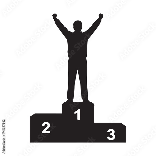 Silhouette of champion standing victorious on podium with arms raised high in celebration.