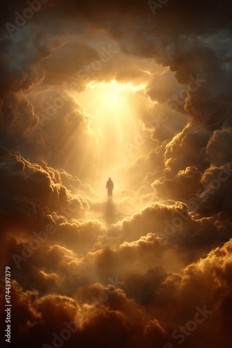 Jesus silhouette surrounded by golden heavenly light and clouds