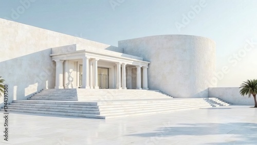 Wallpaper Mural This striking structure features classical columns and a modern curved design, set against a clear blue sky and bright sunlight, showcasing stunning architecture Torontodigital.ca