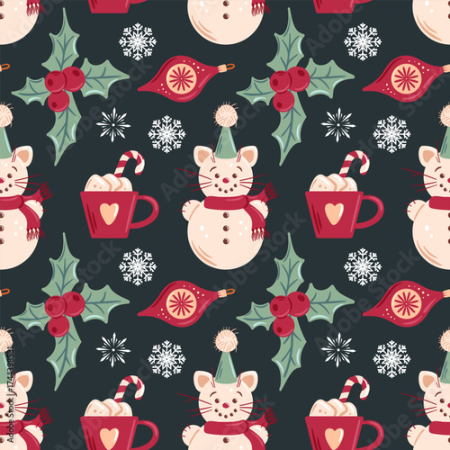 Seamless pattern featuring a snowman cat, holly leaves, hot chocolate, and candy canes. This whimsical design brings a playful holiday charm, ideal for festive decorations and seasonal merchandise.