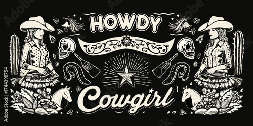 Howdy cowgirl western illustration with cowboy hats cacti skulls horses and stars