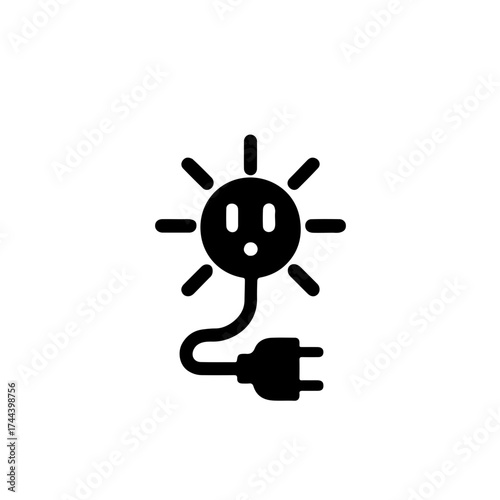 filled icon on the theme of solar energy — sun with socket and electric cord. Minimalistic flat design on white background.