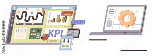 Analytics dashboard displays charts, graphs, KPI metrics, and workflow. Adjacent laptop features a gear icon, symbolizing process optimization. Ideal for data analysis, business planning, metrics
