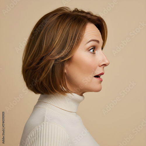 studio profile portrait of a middle-aged woman with short hair and a frightened expression