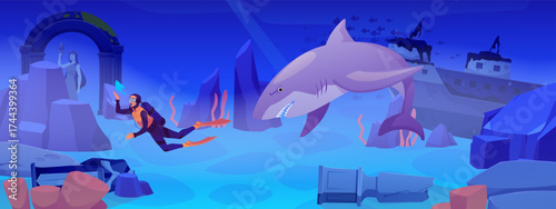 Male diver underwater with ominous shark, rocks, ruins and sunken ship.