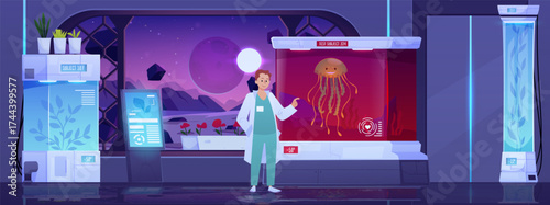 Space laboratory with scientist, creepy jellyfish in aquarium, under red light.