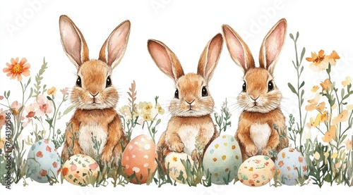 Watercolor illustration of rabbits with floral elements and easter eggs