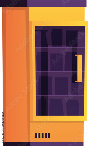 Cooling cabinet for food, display case with shelves, glass door, yellow color.
