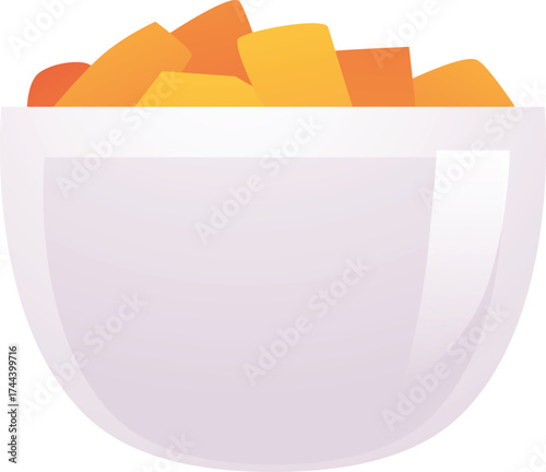 Round white cup with sliced orange food pieces. Cooking.