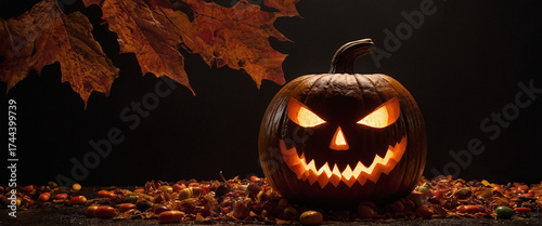 Jack-o'-lantern minacciosa e illuminata nella notte con foglie e dolcetti autunnali